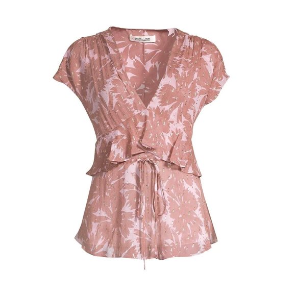 NWT DVF Millie Metallic Blouse Top Shirt Womens XS Pink Mauve V-Neck Chiffon NEW - Picture 1 of 15